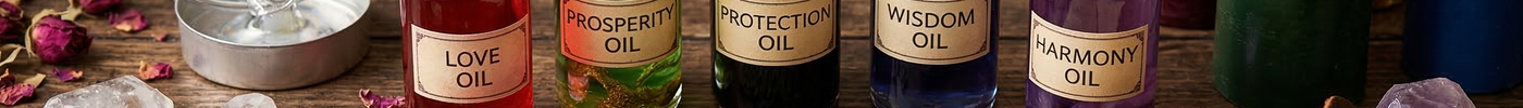 A rustic, atmospheric photograph showing five amber glass bottles of colorful 'Magic Oils' labeled LOVE, PROSPERITY, PROTECTION, WISDOM, and HARMONY.