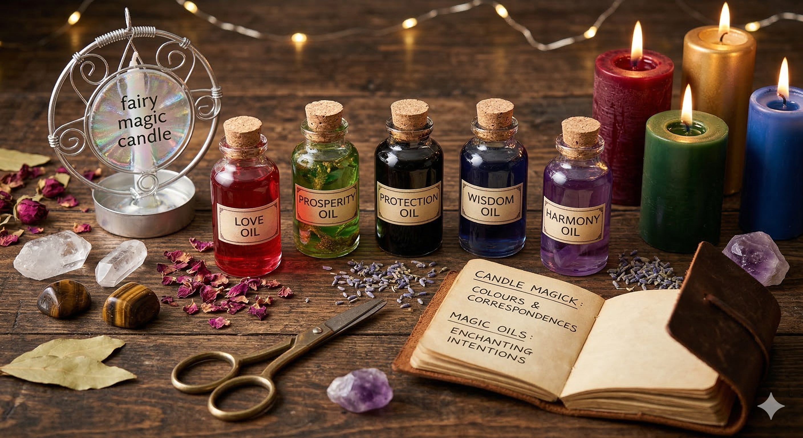 A rustic, atmospheric photograph showing five amber glass bottles of colorful 'Magic Oils' labeled LOVE, PROSPERITY, PROTECTION, WISDOM, and HARMONY.