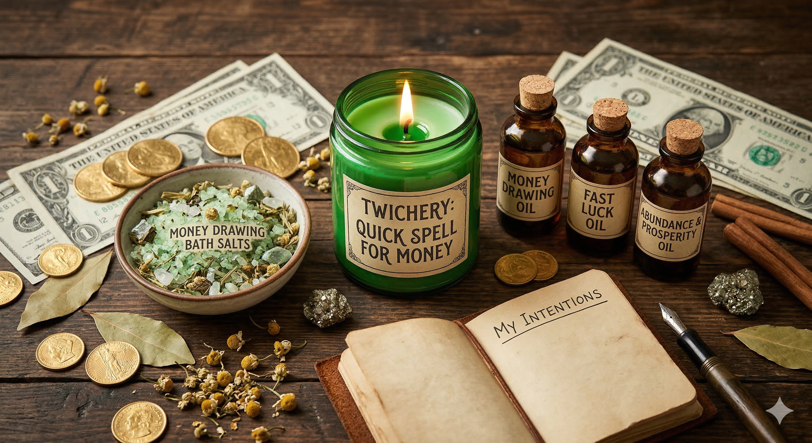 A mystical flat-lay featuring a green Twichery Quick Spell candle, bottles of Money Drawing Oil, gold coins, and ritual bath salts on a rustic wooden table.
