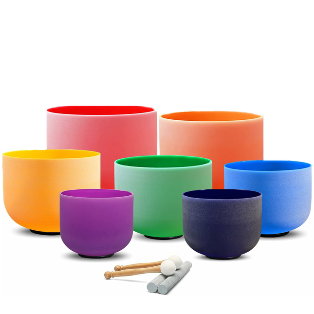 Rainbow Crystal Singing Bowls for healing, chakra balancing, psychological healing, reiki, energy balancing. Hoodoo, Voodoo, Wicca, Pagan, India, Vedic