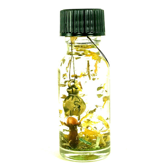 .5 ounce bottle of Twichery Money Drawing Oil with herbs and magical symbols for wealth and luck.