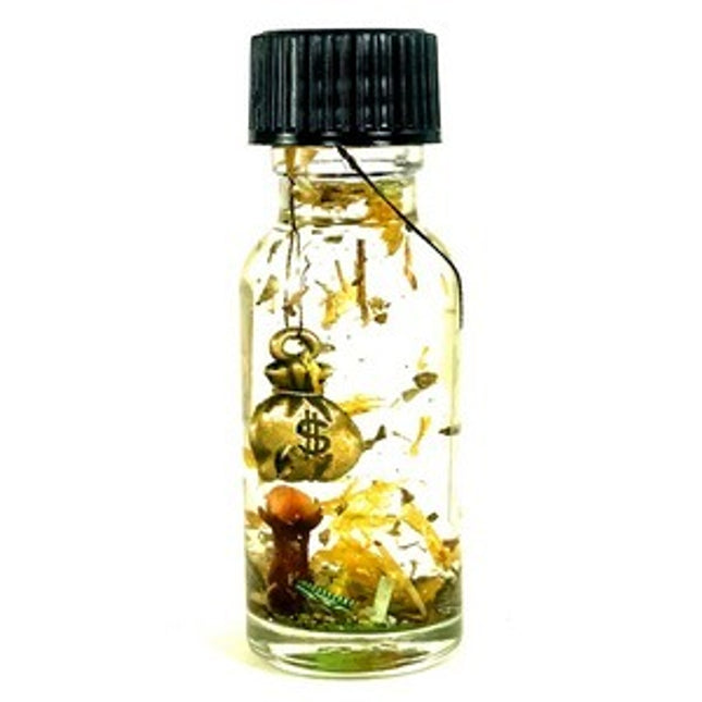 .5 ounce bottle of Twichery Money Drawing Oil with symbols and herbs for wealth and prosperity.