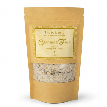 Kraft paper pouch of Twichery Charisma & Fame Bath Salts on a white background, with herbal bath salts visible through the window and a golden label displaying the Twichery Authenticity Sigil.