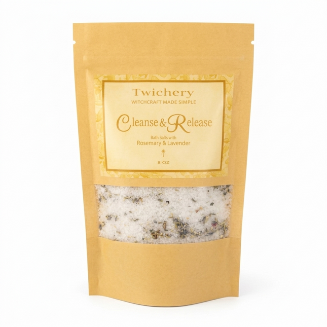 Kraft paper pouch of Twichery Cleanse & Release Bath Salts on a white background, with herbal bath salts visible through the window and a golden label displaying the Twichery Authenticity Sigil.