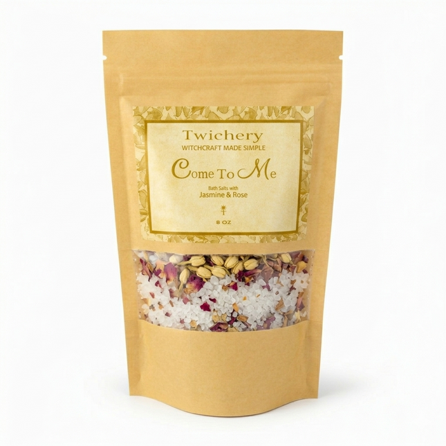 Kraft paper pouch of Twichery Come To Me Bath Salts on a white background, with herbal bath salts visible through the window and a golden label displaying the Twichery Authenticity Sigil.