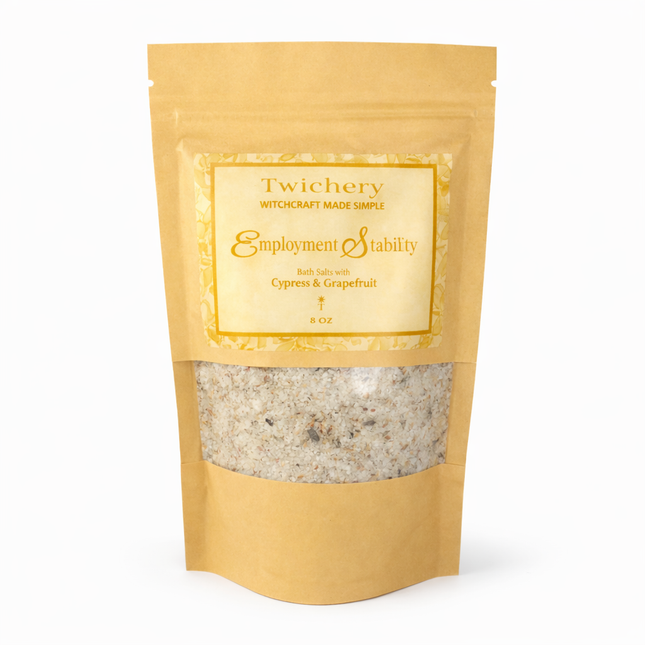 Kraft paper pouch of Twichery Employment & Stability Bath Salts on a white background, with herbal bath salts visible through the window and a golden label displaying the Twichery Authenticity Sigil.
