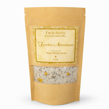 Kraft paper pouch of Twichery Fertility & Abundance Bath Salts on a white background, with herbal bath salts visible through the window and a golden label displaying the Twichery Authenticity Sigil.