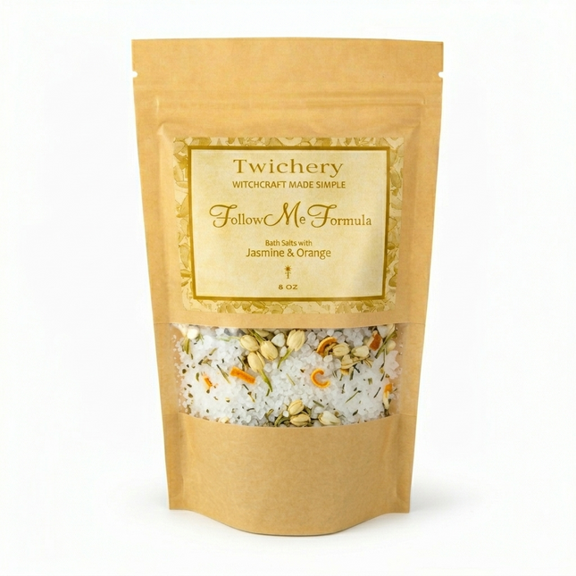 Kraft paper pouch of Twichery Follow Me Formula Bath Salts on a white background, with herbal bath salts visible through the window and a golden label displaying the Twichery Authenticity Sigil.