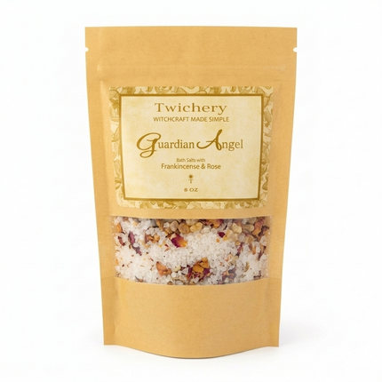 Kraft paper pouch of Twichery Guardian Angel Protection Bath Salts on a white background, with herbal bath salts visible through the window and a golden label displaying the Twichery Authenticity Sigil.