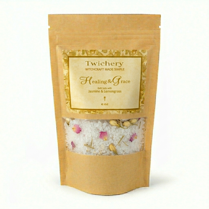 Kraft paper pouch of Twichery Healing & Grace Bath Salts on a white background, with herbal bath salts visible through the window and a golden label displaying the Twichery Authenticity Sigil.