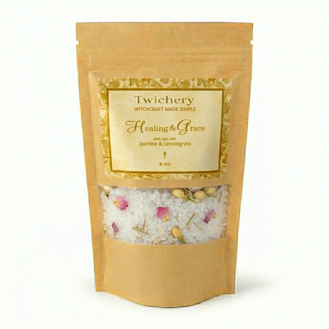 Kraft paper pouch of Twichery Healing & Grace Bath Salts on a white background, with herbal bath salts visible through the window and a golden label displaying the Twichery Authenticity Sigil.
