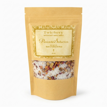 Kraft paper pouch of Twichery Passion & Seduction Bath Salts on a white background, with herbal bath salts visible through the window and a golden label displaying the Twichery Authenticity Sigil.
