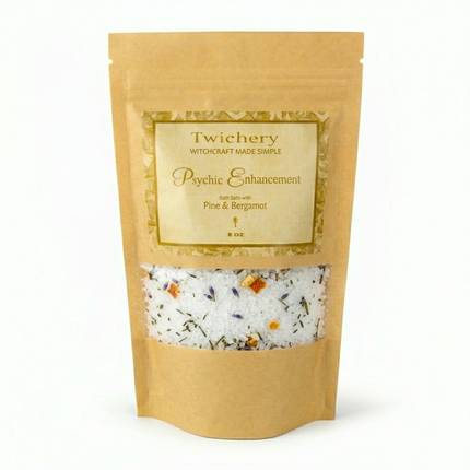 Kraft paper pouch of Twichery Psychic Enhancement Bath Salts on a white background, with herbal bath salts visible through the window and a golden label displaying the Twichery Authenticity Sigil.