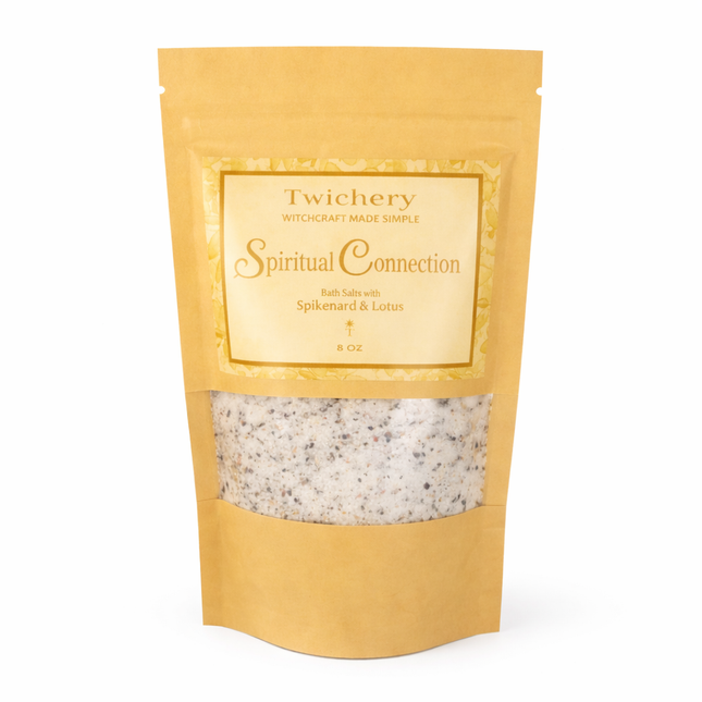 Kraft paper pouch of Twichery Spiritual Connection Bath Salts on a white background, with herbal bath salts visible through the window and a golden label displaying the Twichery Authenticity Sigil.