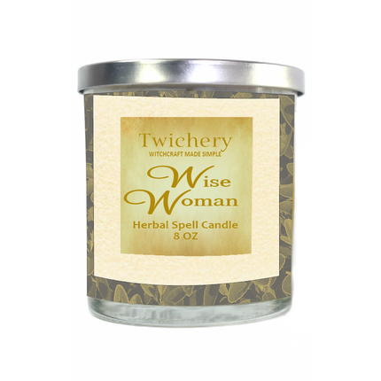 A Twichery Wise Woman Herbal Spell Candle with a clear label that includes the scent markings for Lavender, Sage, Rosemary, Mugwort, and Chamomile.
