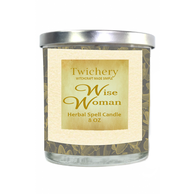 A Twichery Wise Woman Herbal Spell Candle with a clear label that includes the scent markings for Lavender, Sage, Rosemary, Mugwort, and Chamomile.