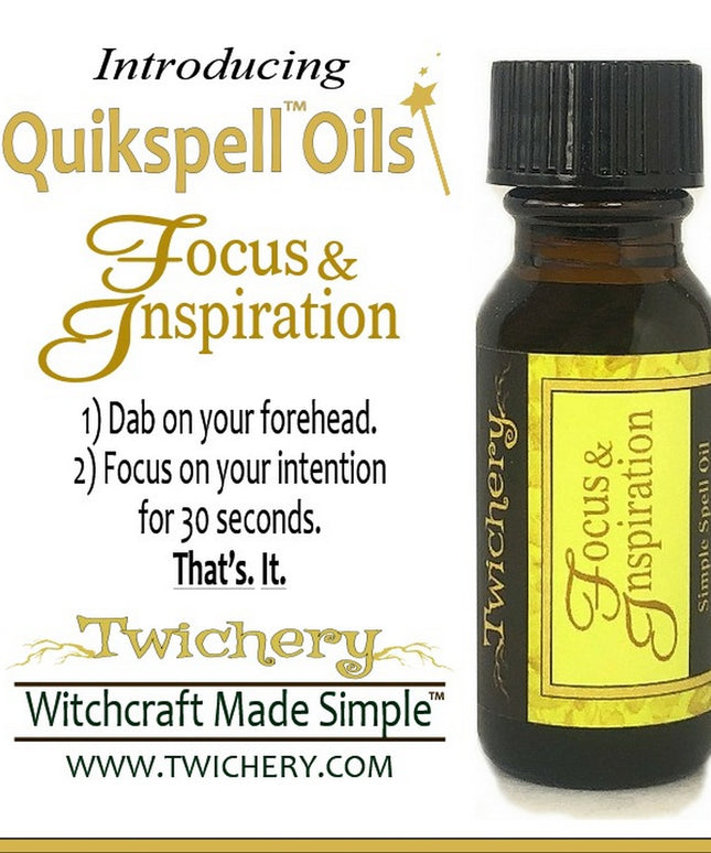 Twichery Focus & Inspiration Quikspell Oil is for mental focus, creativity, clear thinking, and thinking fast on your feet, hoodoo, voodoo, wicca, pagan, Witchcraft Made Simple!