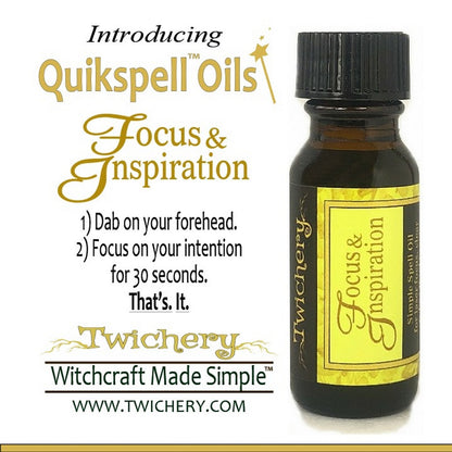 Twichery Focus & Inspiration Quikspell Oil is for mental focus, creativity, clear thinking, and thinking fast on your feet, hoodoo, voodoo, wicca, pagan, Witchcraft Made Simple!