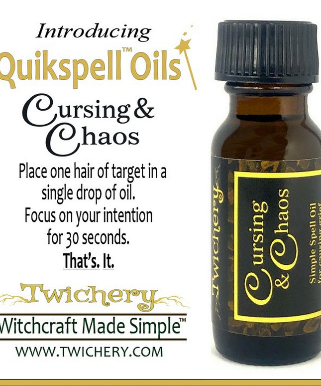 Twichery Cursing & Chaos Quikspell Oil is for causing grief to your target and getting them to stop what they're doing. Hoodoo, voodoo, wicca, pagan, Witchcraft Made Simple