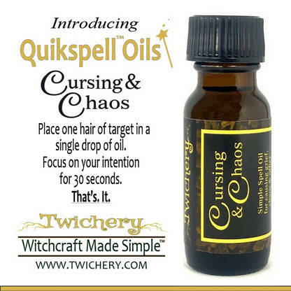 Twichery Cursing & Chaos Quikspell Oil is for causing grief to your target and getting them to stop what they're doing. Hoodoo, voodoo, wicca, pagan, Witchcraft Made Simple
