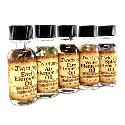 Twichery Elemental Oils Quintet is for use with all rituals involving the elements Earth, Air, Fire, Water, and Spirit. Hoodoo Voodoo, Paganism Traditional Witchcraft