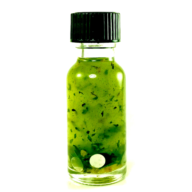 .5 ounce bottle of Twichery Reversing Ritual Hoodoo Oil with nettle leaf and mirrors for reversing work.