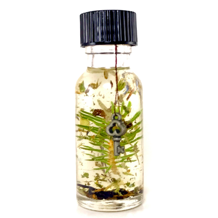 .5 ounce bottle of Twichery Road Opener (Abre Camino) Hoodoo ritual oil with fresh pine sprig, traditional herbs, and a symbolic key representing the opening of new pathways and opportunities.